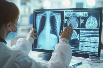 Professional, career and closeup of woman radiologist checking spine, lung and chest scan in medicare clinic Doctor examines X-ray in medical laboratory. - obrazy, fototapety, plakaty