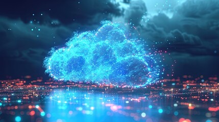 cloud computer concept with glowing blue data cloud