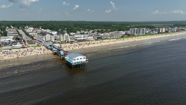 Wide drone shot of the shoreline in Old Orchard Beach, Maine.