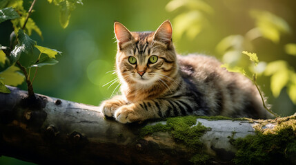 Fototapeta premium A cat perched on a tree branch with a curious expression. AI Generative.