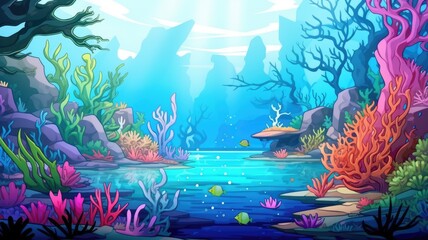 cartoon illustration largest coral reef system teeming with marine life.