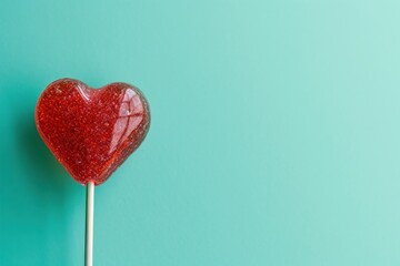 Heart shaped red candy on a stick on mint background with copy space. Symbol of love. Sweet assorted candy on mint green background. Delicious romantic Valentine's Day gift.