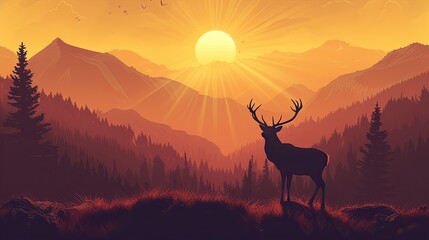 Deer silhouette sunset illustration
