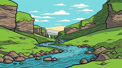 cartoon illustration landscape with a winding river flowing through green meadows, surrounded by majestic mountains under the bright sun.