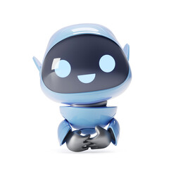 Cartoon cute blue robot smiling and looking at the camera sitting. He is very glad to see you all. 3D work on a white background..