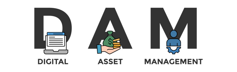 Dam banner web icon vector illustration concept of digital asset management with icon of binary, automation, processing, design, data, network, and connection