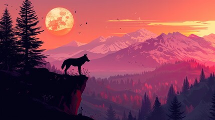 Wolf silhouette sunset illustration