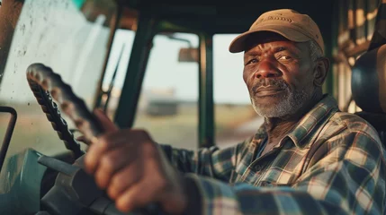 Foto op Canvas Portrait of confident senior male farmer driving farm tractor in sunny day © evgenia_lo