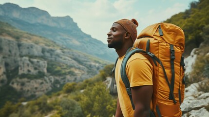 Happy young african american man hiking in the mountains. - obrazy, fototapety, plakaty
