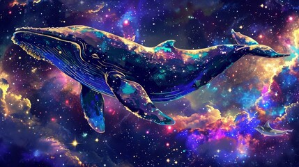 A whale surrounded by space and colorful nebula.  - obrazy, fototapety, plakaty