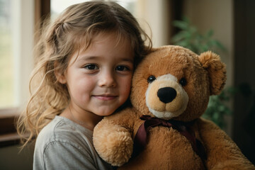 Portrait of a little girl. Smiling and holding a toy bear - obrazy, fototapety, plakaty