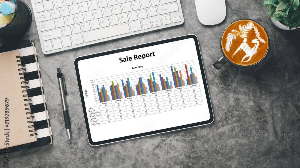 Aufkleber office desk workplace with charts and reports on screen tablet display. top view flat lay.