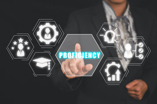 Proficiency concept, Business woman hand touching proficiency icon on virtual screen. Theory, Practice, Skill, Experience, Solution, Knowledge, Problem Solving, Development.
