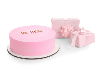 Pink bento cake with gift boxes on white background. Valentine's Day celebration