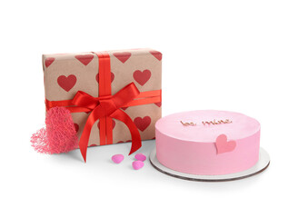 Pink bento cake with gift box on white background. Valentine's Day celebration