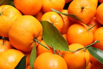 Fresh ripe tangerines with leaves as background, top view. Citrus fruit