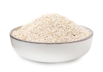 Dry barley groats in bowl isolated on white