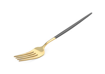 One shiny golden fork with black handle isolated on white