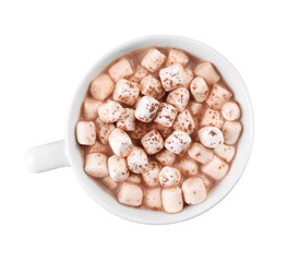 Cup of aromatic hot chocolate with marshmallows and cocoa powder isolated on white, top view