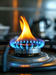 Close-up of gas burners. Fire. Natural gas. Blurry background. Photo with copy space. generative AI