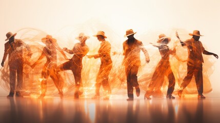 A realistic multiple exposure photo of rhumba dancers illuminated perfectly on a light background. - obrazy, fototapety, plakaty