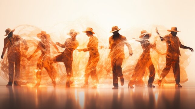 A realistic multiple exposure photo of rhumba dancers illuminated perfectly on a light background.