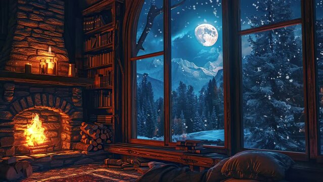 Warm cozy fireplace with real wood burning in it. Seamless looping 4k time-lapse virtual video animation background. Generated AI
