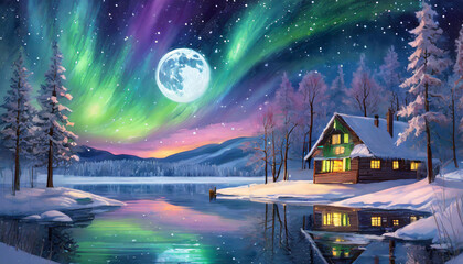 Northern Lights, Winter scene, Mountains winter scene, full moon