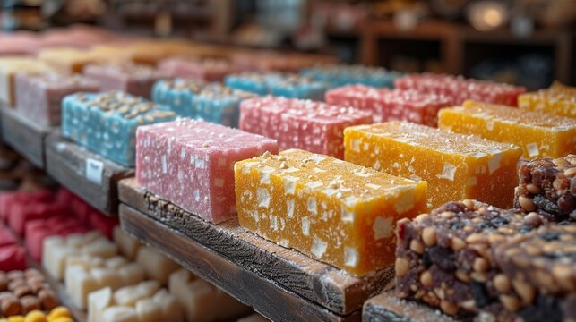 Nougat sweets in different shapes in close-up. Nougats with a colorful and vibrant appearance with a variety of flavors and visible textures. Confectionery and party concept on a market stall.