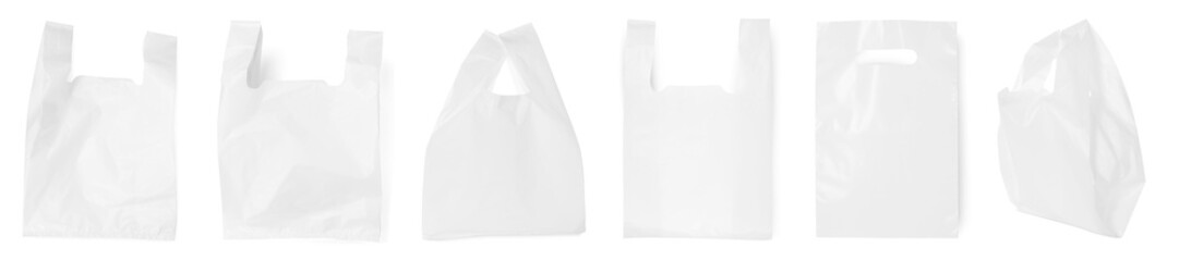 Different plastic bags isolated on white, collection