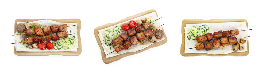 Delicious shish kebabs, vegetables and lavash isolated on white, top view