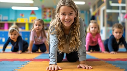 Fototapeta premium young children doing yoga exercises in a school with teacher