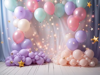 Birthday Bliss Backdrop: Balloons, Stars, and Candles Galore, Celebration Atmosphere, Festive Party Decor, Joyous Birthday Scene, Whimsical Balloon Display, Starry Delight, Candlelit Celebration, 