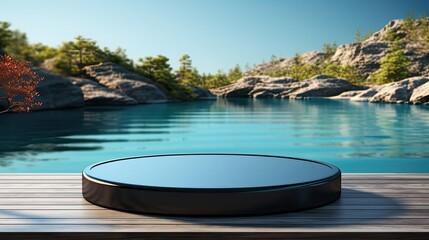 3d circle podium product stand or display with sky and Water background and cinematic light
