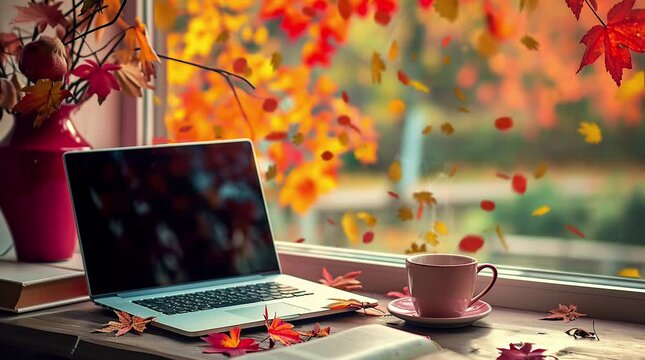 Laptop and coffee on autumn window Seamless looping 4k time-lapse virtual video animation background. Generated AI