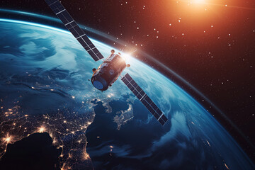 Satellite with solar panels for earth global internet telecommunications network AI Generation - obrazy, fototapety, plakaty