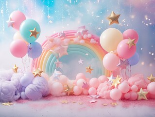 Birthday Bliss Backdrop: Balloons, Stars, and Candles Galore, Celebration Atmosphere, Festive Party Decor, Joyous Birthday Scene, Whimsical Balloon Display, Starry Delight, Candlelit Celebration,
