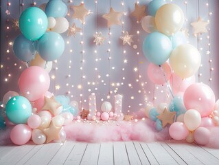 Birthday Bliss Backdrop: Balloons, Stars, and Candles Galore, Celebration Atmosphere, Festive Party Decor, Joyous Birthday Scene, Whimsical Balloon Display, Starry Delight, Candlelit Celebration,