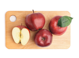 Wooden board with fresh red apples on white background
