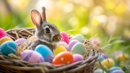 A bunny peeking out from a beautifully decorated Easter basket filled with colorful eggs