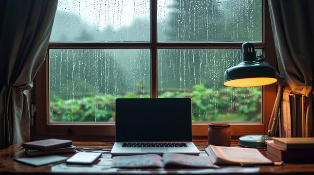 Laptop and coffee on rain window Seamless looping 4k time-lapse virtual video animation background. Generated AI