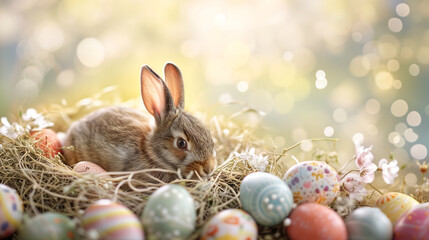 Fototapeta na wymiar A rabbit nestled in an Easter egg nest surrounded by various colors of eggs with bokeh background