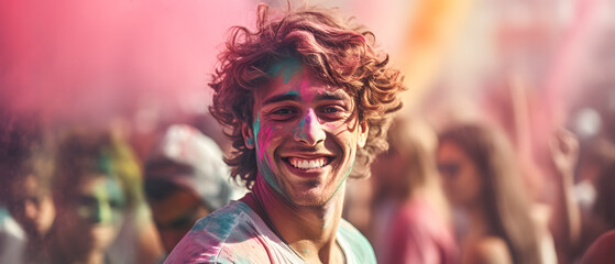 Celebrating a Holi festival with a man with his face covered in colorful paint showing his happiness - Powered by Adobe