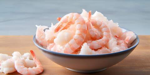 close up photo of shrimp on ice on white background Boiled shrimps prawns on ice frozen at the seafood restaurant fresh shrimp on wooden bowl with ingredients for cooking seafood.
