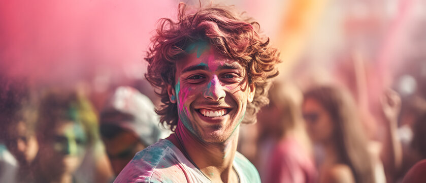 Celebrating a Holi festival with a man with his face covered in colorful paint showing his happiness