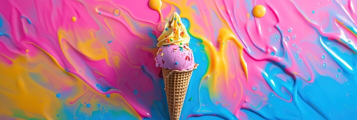 Colorful ice cream cone on colorful background, frozen and melty texture