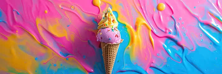 Foto auf Alu-Dibond Colorful ice cream cone on colorful background, frozen and melty texture © Brian
