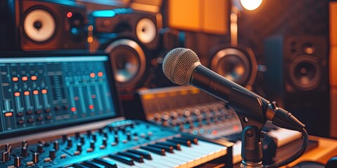 Fototapeta premium podcast recording studio with microphone, speakers, mixing board