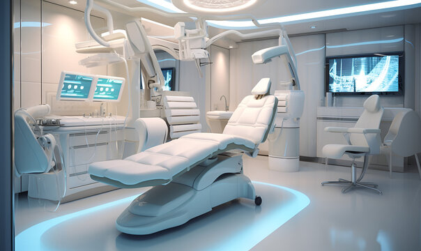 Artistic concept painting of a beautiful sci-fi futuristic hospital. Modern dental office decoration sky color, Dental clinic chair in hospital bed, room, chair, window.