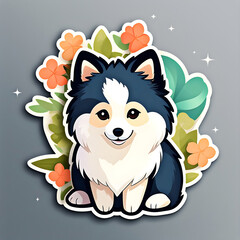 cute cartoon sticker art design of a black, tan, and white spitz / keeshond / collie / sheltie / sheepdog / shepherd / pomeranian dog puppy against flowers and plants